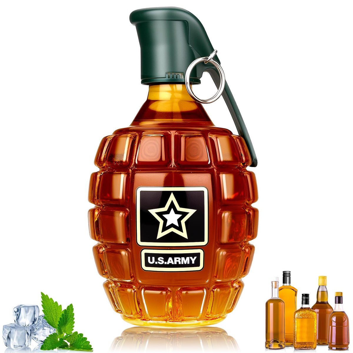 Dexspoeny muestra la botella de whiskey en forma de granada, ideal para coleccionistas militares.