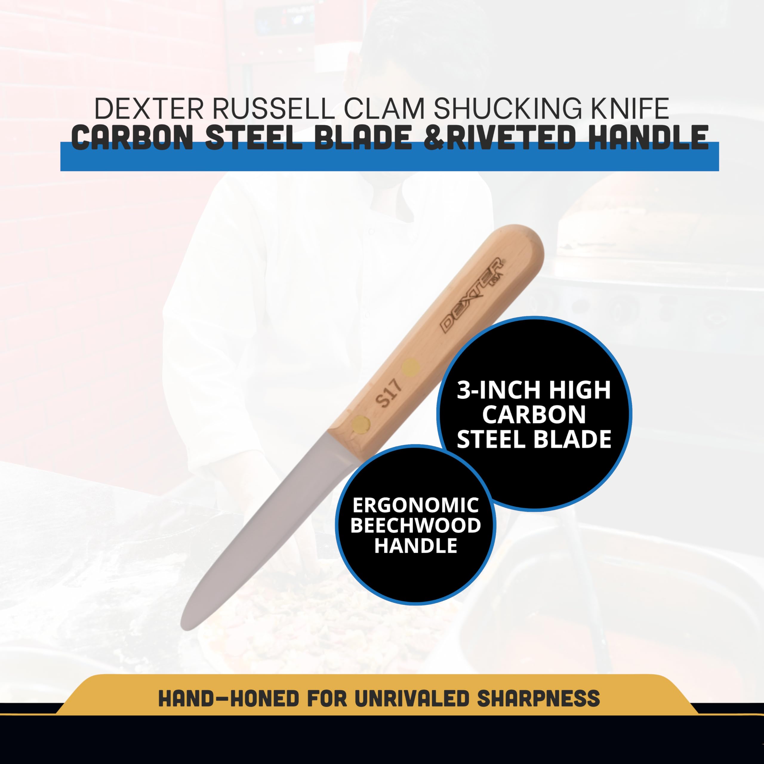 Dexter Outdoors cuchillo-almejas, mango de abedul con remaches, agarre seguro.