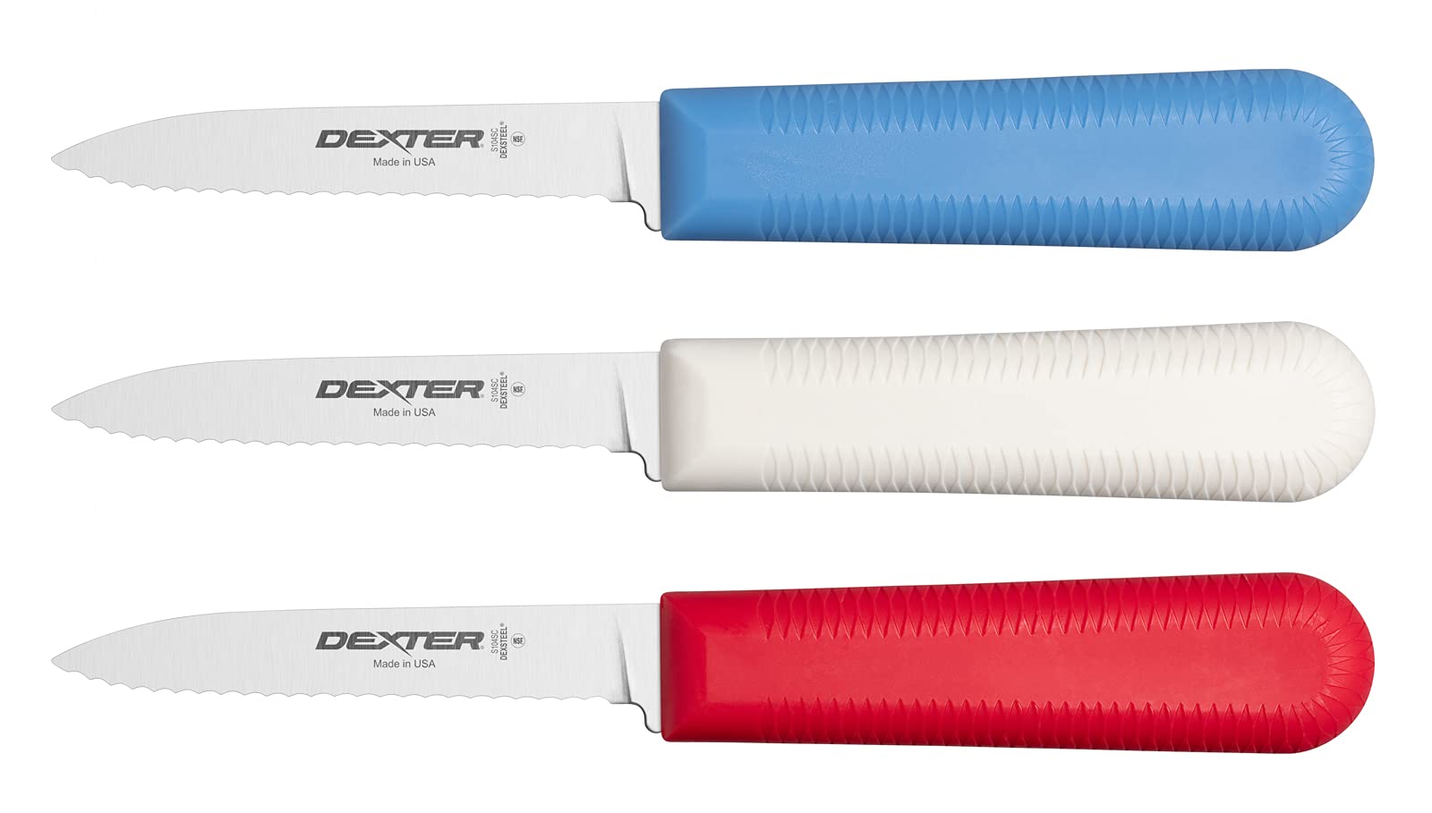 Dexter-Russell Sani-Safe S104SC-3RWC, cuchillo pelador dentado con mango texturizado para uso profesional.