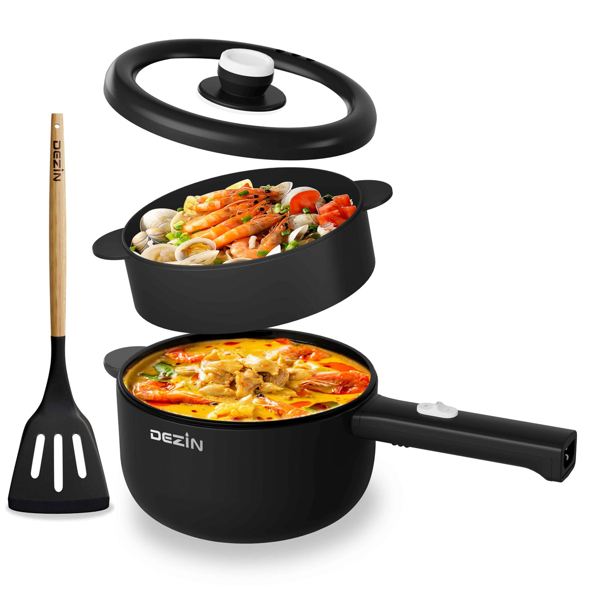 Olla eléctrica Dezin 2L vista frontal, ideal para cocinar sin estufa.