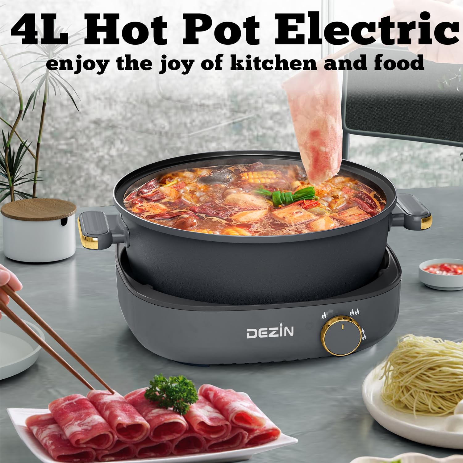 Olla eléctrica Dezin con ajuste de potencia dual para ramen y saltear.