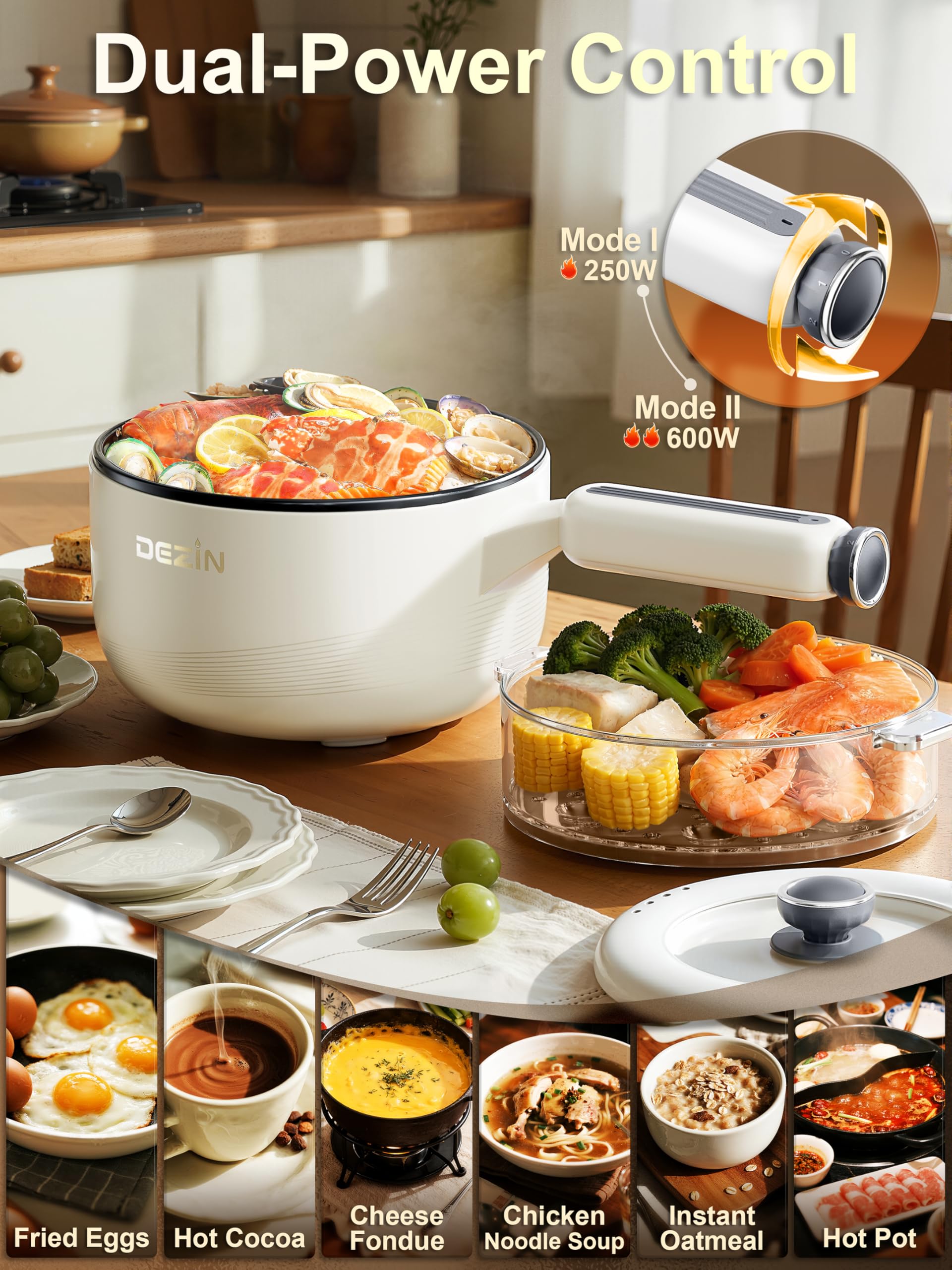 DEZIN Olla eléctrica con doble potencia para hervir rápido o cocinar suave.