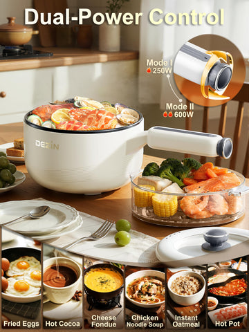 DEZIN Olla eléctrica con doble potencia para hervir rápido o cocinar suave.