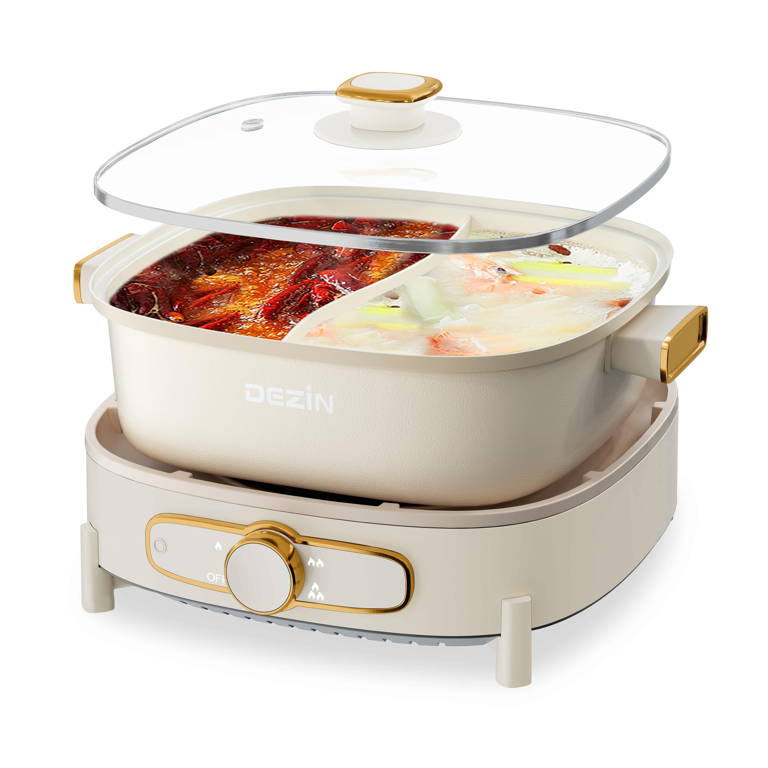 Olla eléctrica Dezin para shabu shabu con doble sabor, ideal para caldos simultáneos.
