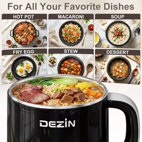 DEZIN pasta y sopa listas en minutos con olla eléctrica.