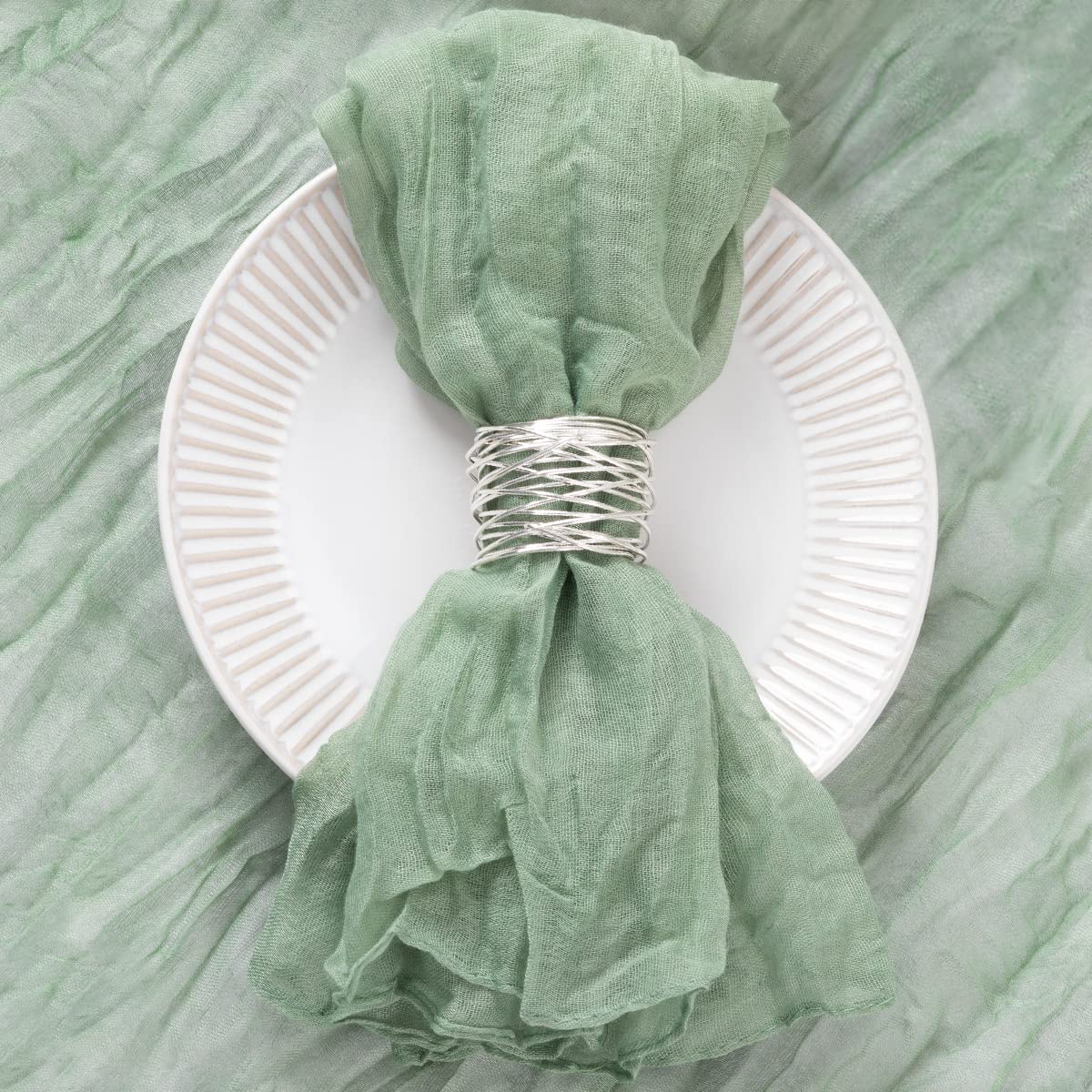 DeZerlor servilletas gasa verde salvia, textura arrugada para estilo rústico.