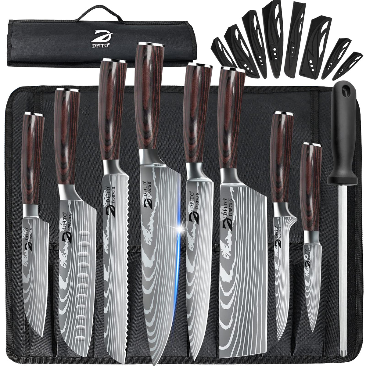 Dfito set de cuchillos chef 9 piezas con funda enrollable para guardado seguro