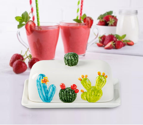 dgudgu mantequera cactus con tapa cerámica duradera que mantiene la mantequilla fresca