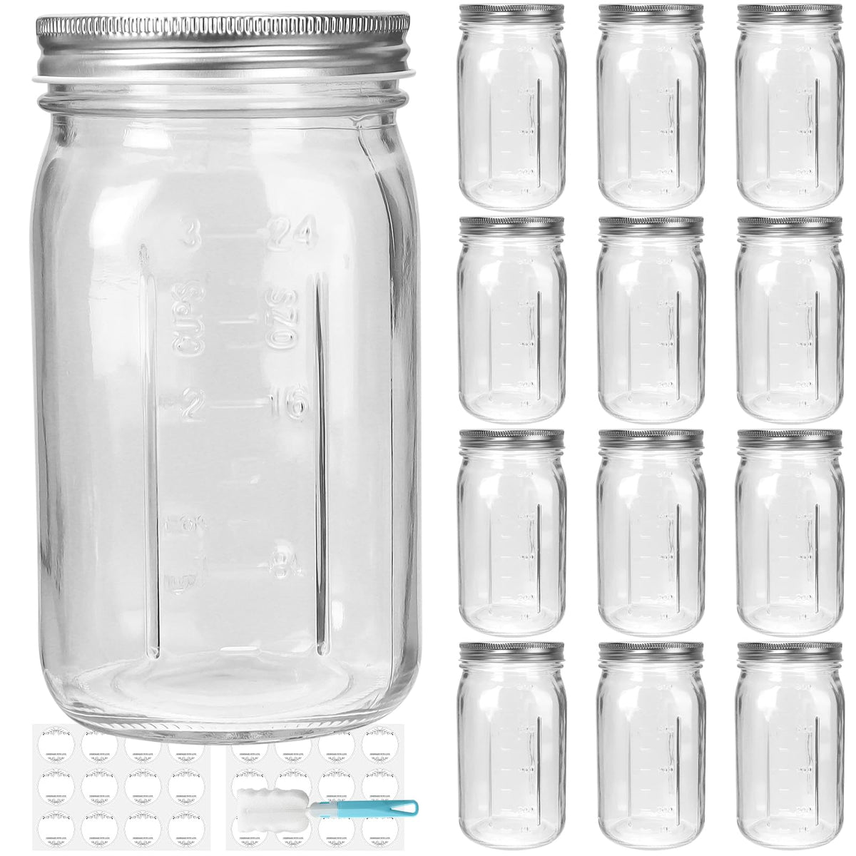 Jarra de vidrio DHSBTLS de 32 oz con boca ancha y tapa plateada para almacenamiento seguro.