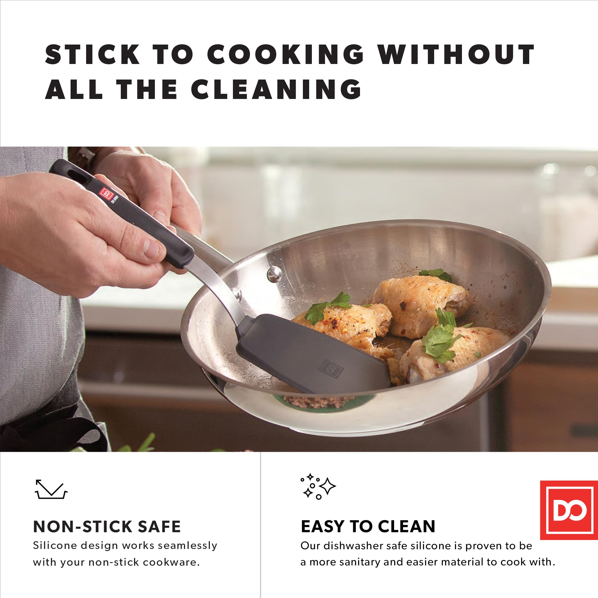 Espátula de silicona resistente a 600°F de di Oro Living, mantiene flexibilidad al cocinar.