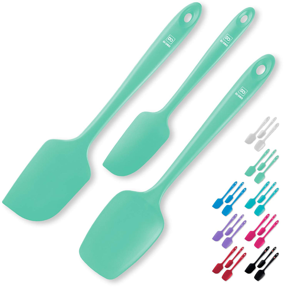 DI ORO Living espátulas de silicona color menta, conjunto tres piezas para cocinar sin rayar.