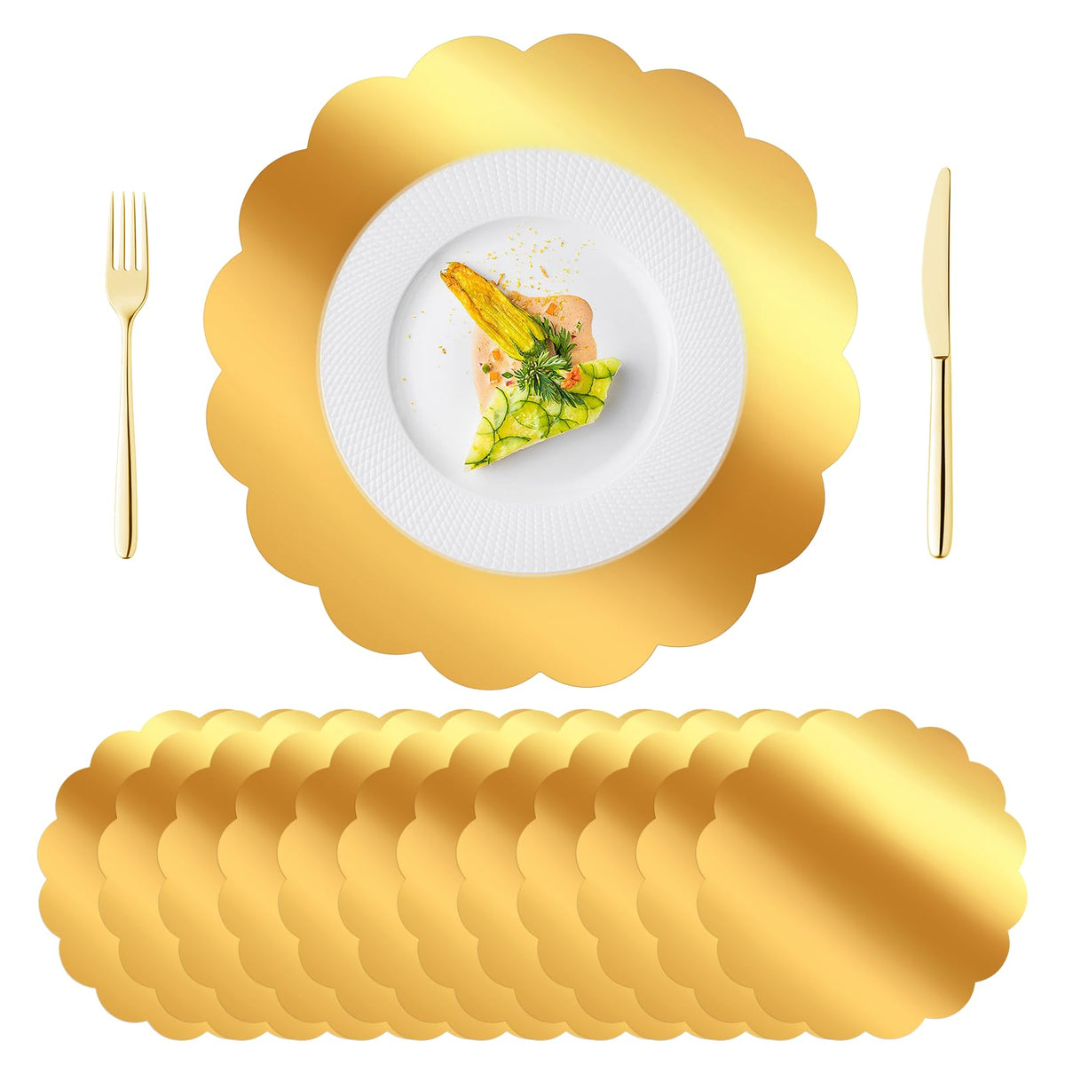 Manteles individuales dorados con borde ondulado de DI QIU REN, ideal para cenas elegantes.