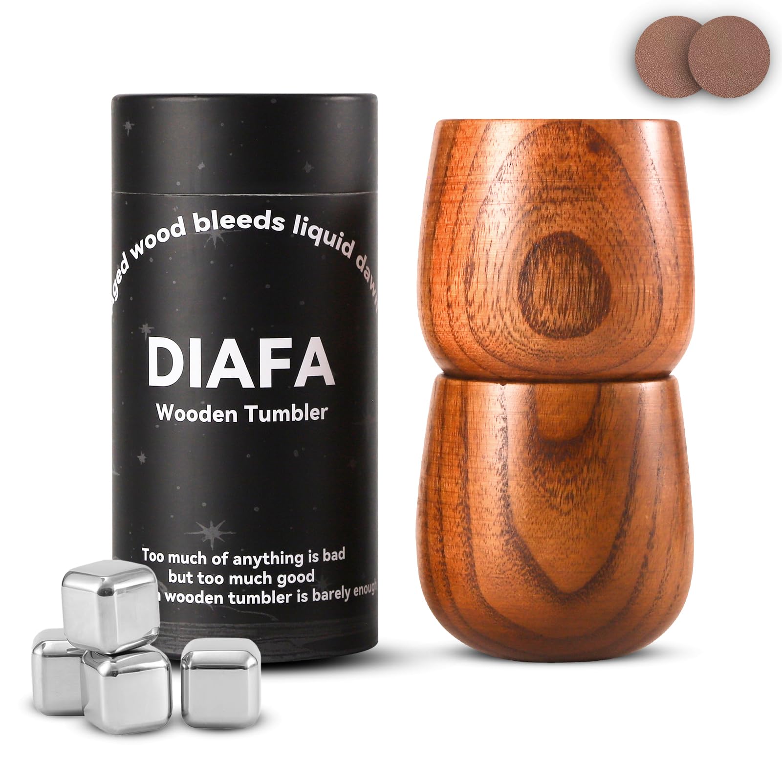 Vaso DIAFA de whisky en madera con frente elegante, lista para degustación.