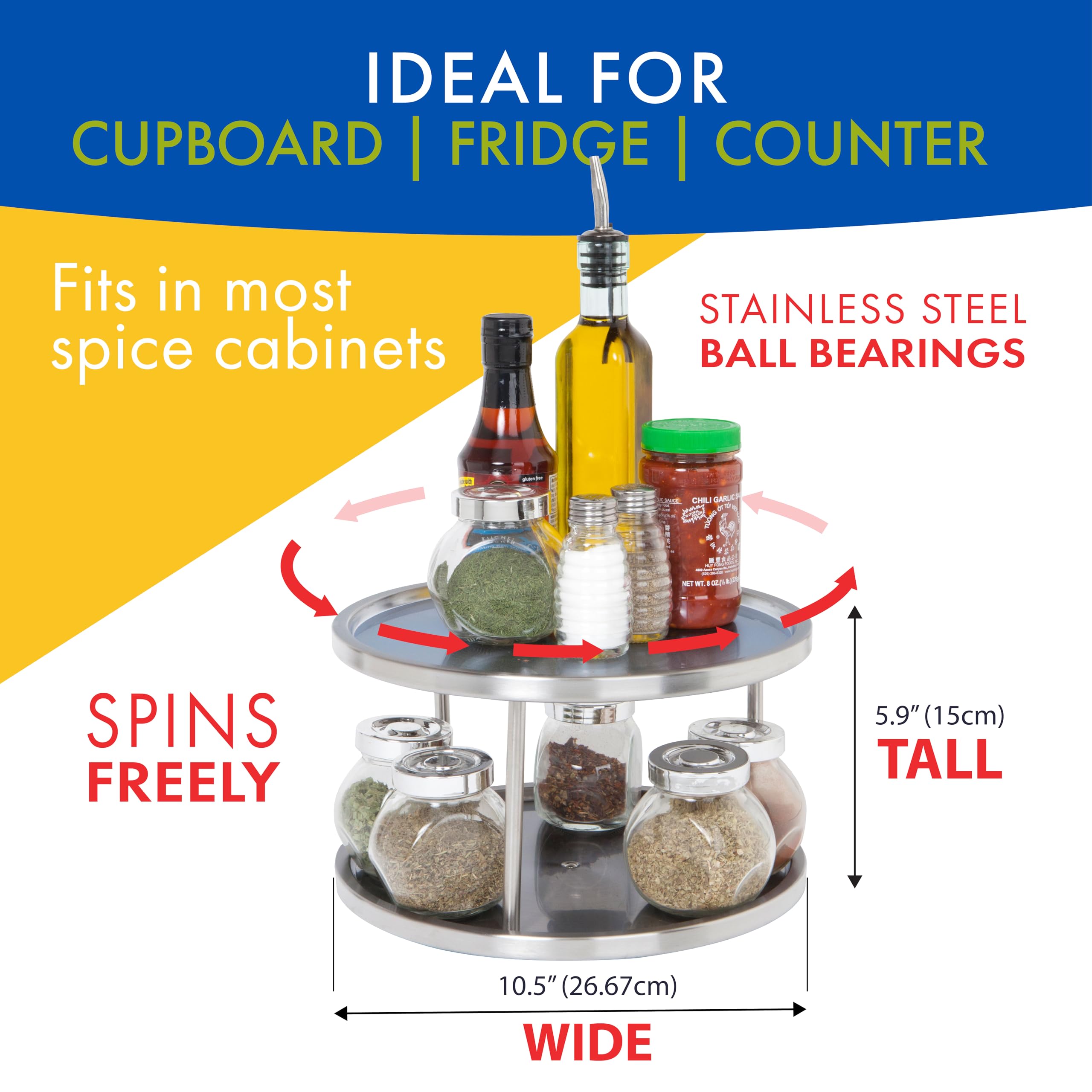 Dial Industries Lazy Susan en acero inoxidable, ideal para despensa, manteniendo utensilios al alcance.