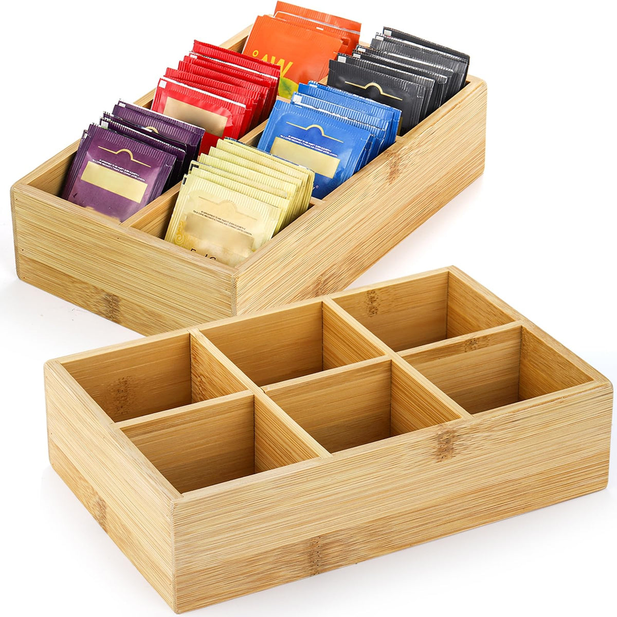 Dicunoy organizador de té en bambú, vista frontal de dos juegos para acceso rápido.