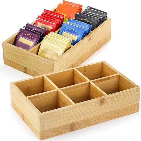 Dicunoy organizador de té en bambú, vista frontal de dos juegos para acceso rápido.