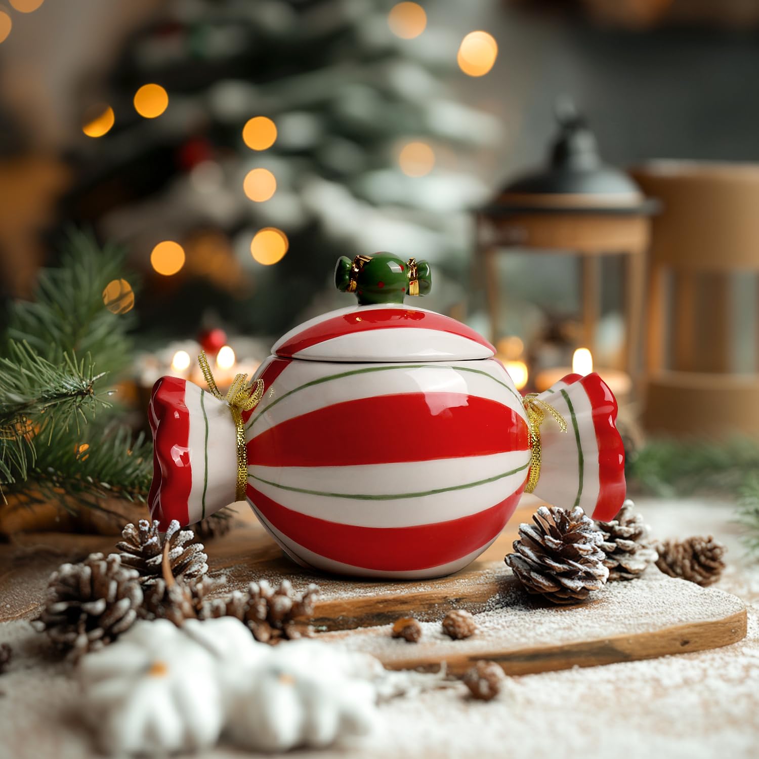 Dif Deco jarrón navideño de caramelo con tapa, ideal como centro festivo.