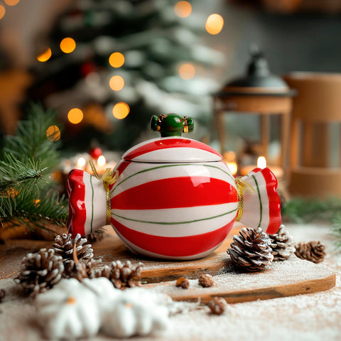 Dif Deco jarrón navideño de caramelo con tapa, ideal como centro festivo.