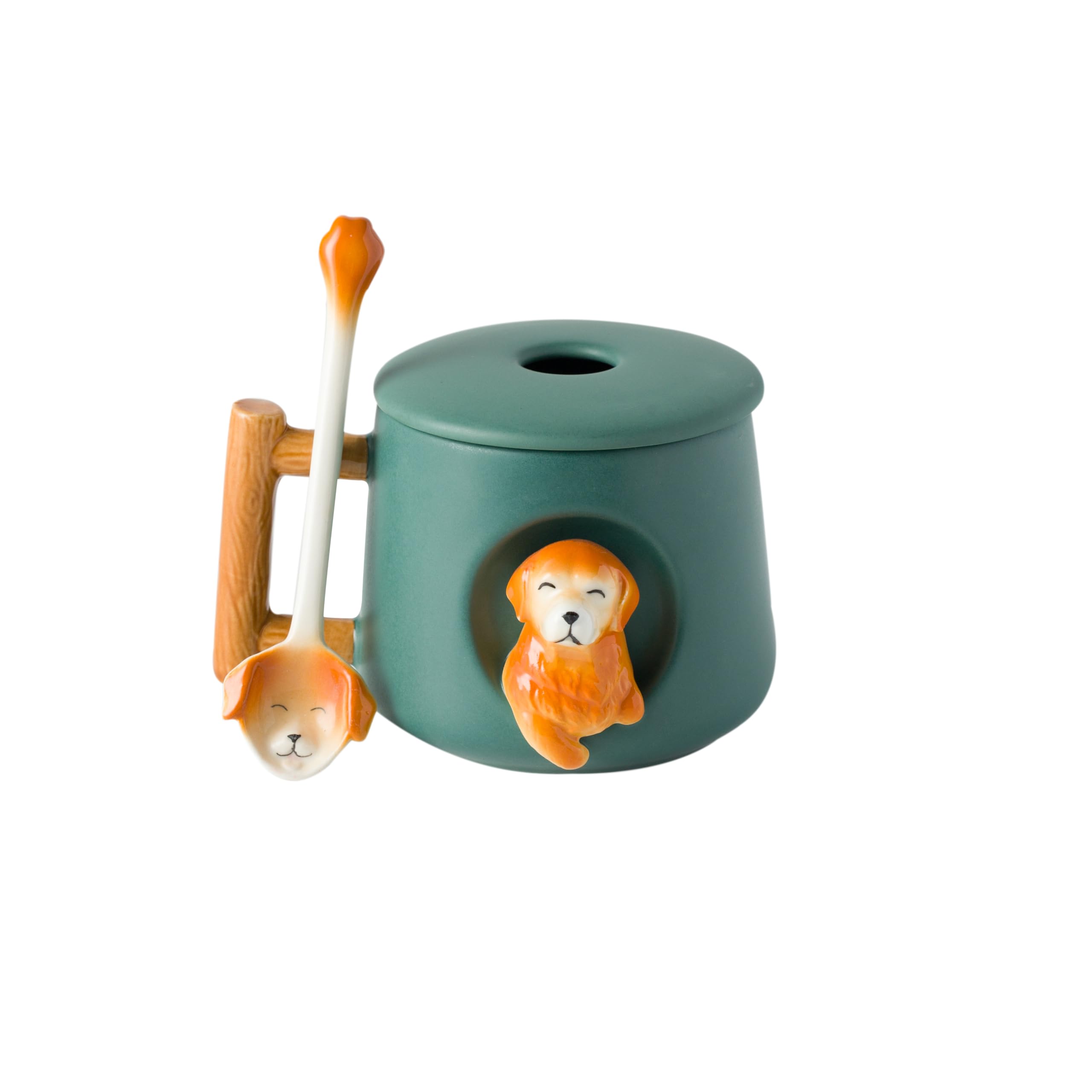 DIHOclub Taza cerámica con tapa y cuchara verde, ideal para café matutino.