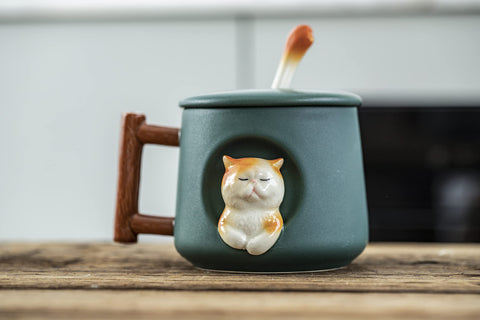 DIHOclub Taza cerámica gato 3D, textura de madera en el mango