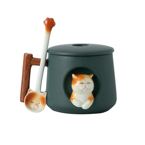 DIHOclub Taza gato 3D con tapa y cuchara, verde, ideal para café diario