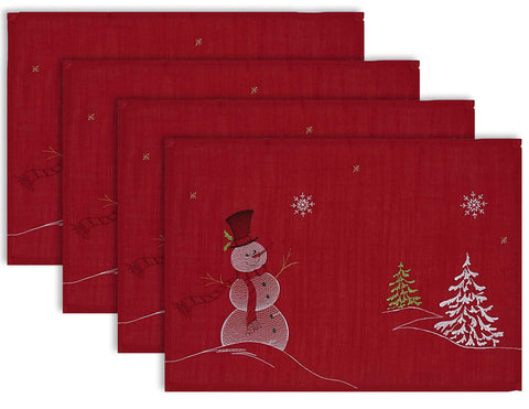 DII posaplatos con muñeco de nieve bordado para una mesa navideña elegante.