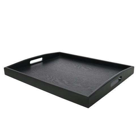 Bandeja Dillman para servicio grande en negro con asas facilita traslado cómodo.
