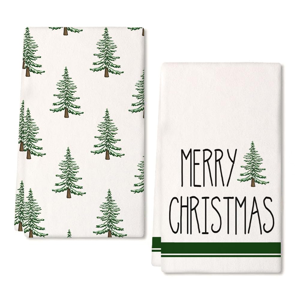 Toallas de cocina DineDia con verde diseño de árboles navideños, útiles y decorativas.