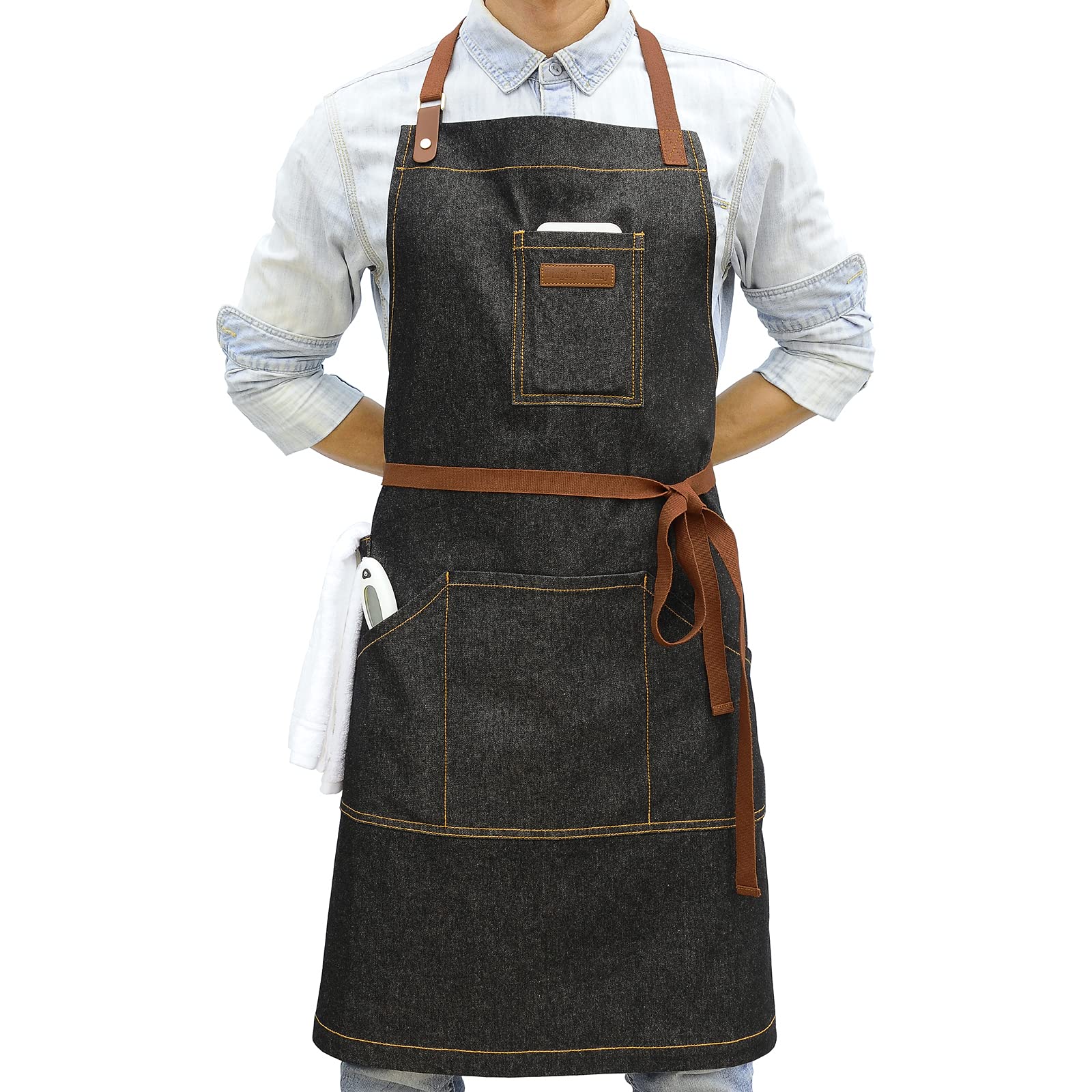 Delantal DingSay Trendy en denim negro con bolsillos frontales para cocina.