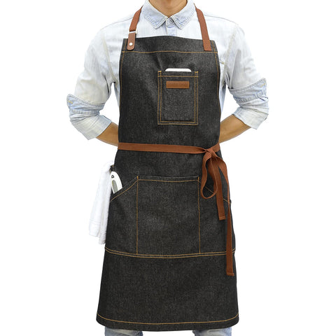Delantal DingSay Trendy en denim negro con bolsillos frontales para cocina.