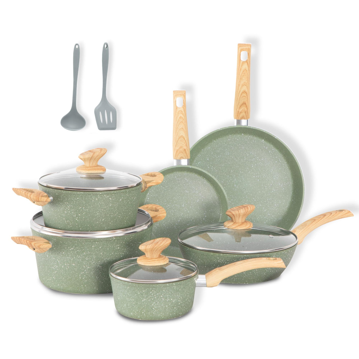 DishDelight: conjunto de sartenes para inducción en verde con antiadherente y limpieza fácil.