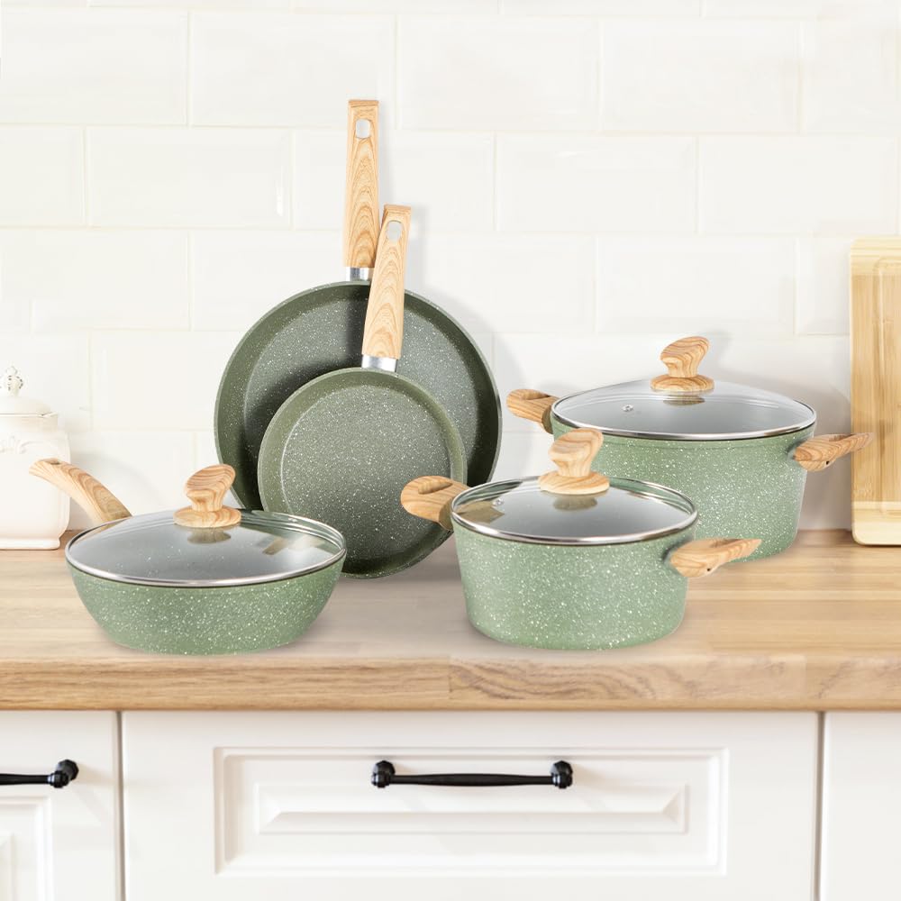 DishDelight propone un juego de cocina granito verde para uso diario.