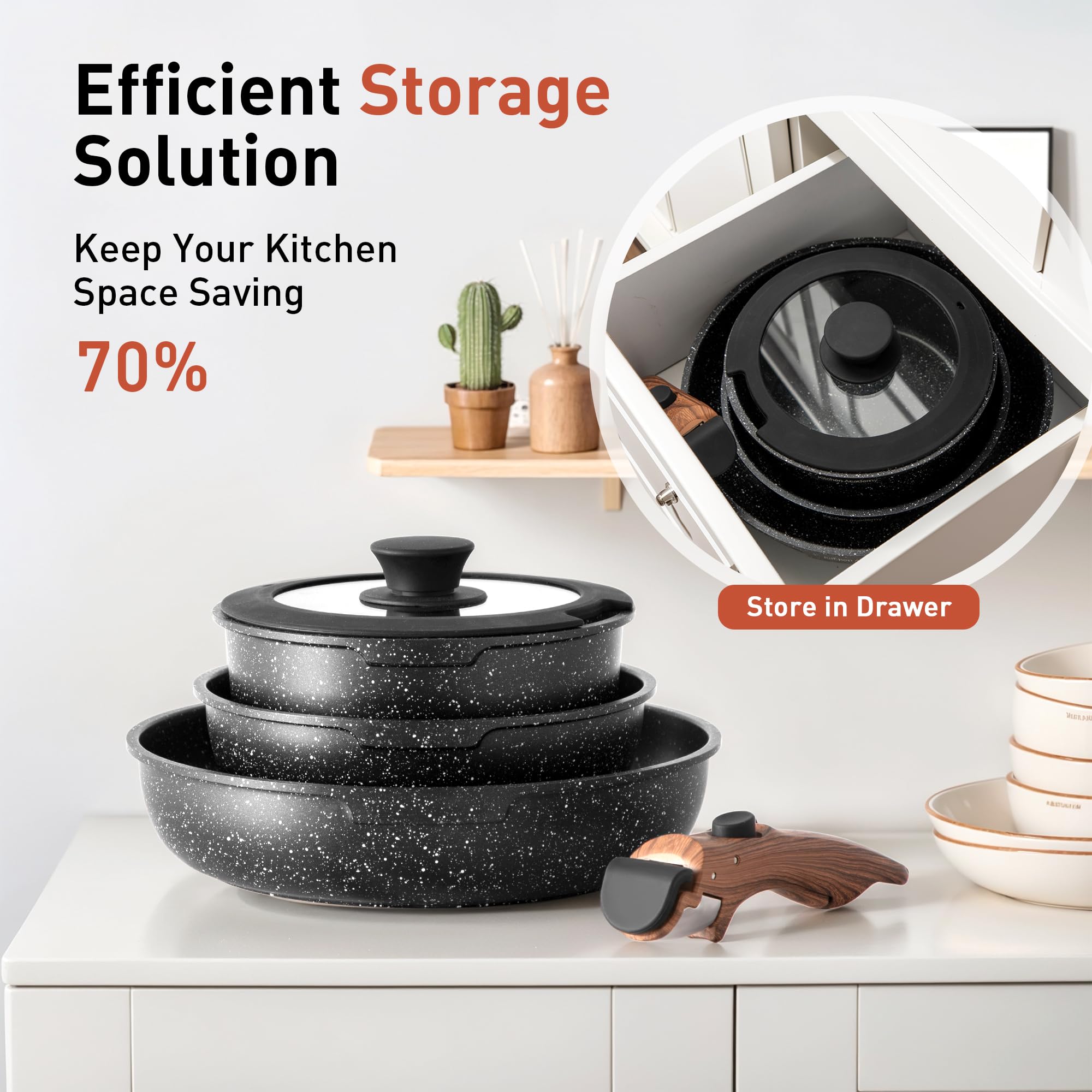 DishDelight mango desmontable para sarten, estabilidad mejorada en cocina y camping.