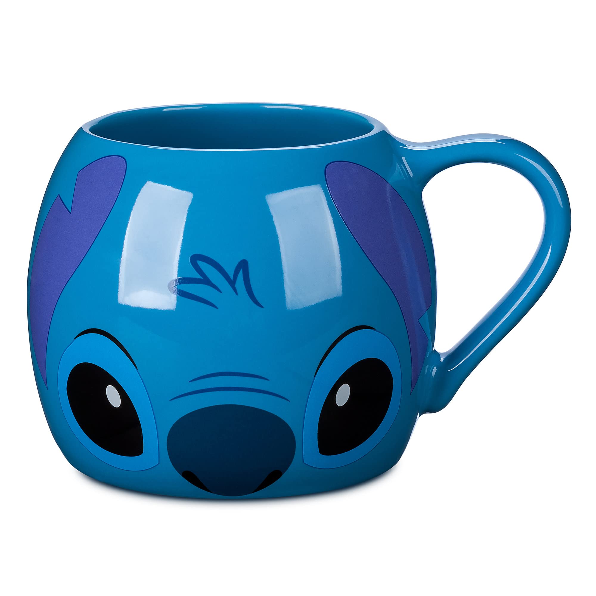 Disney Store Stitch taza frontal con rostro divertido, ideal para iniciar el día con café.