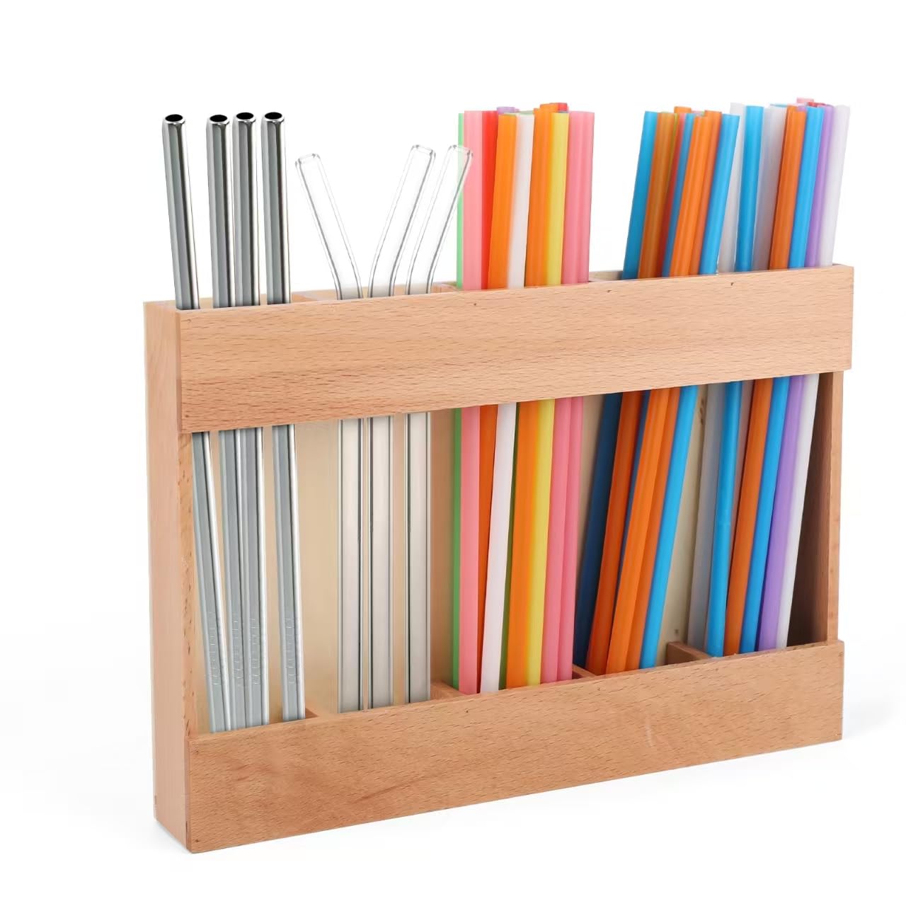 Dispensador de Pajitas de Madera para encimera: acceso rápido a pajitas reutilizables.