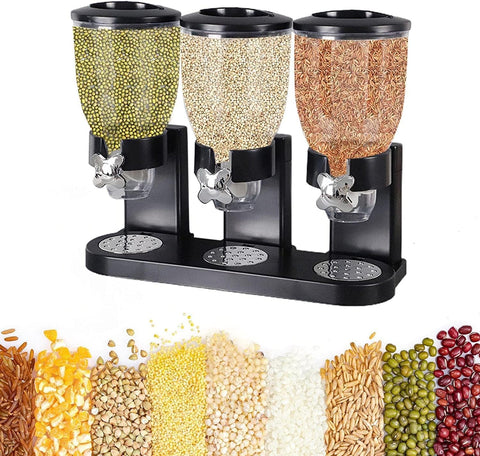 Dispensador triple de alimentos en acrílico y metal para uso diario.