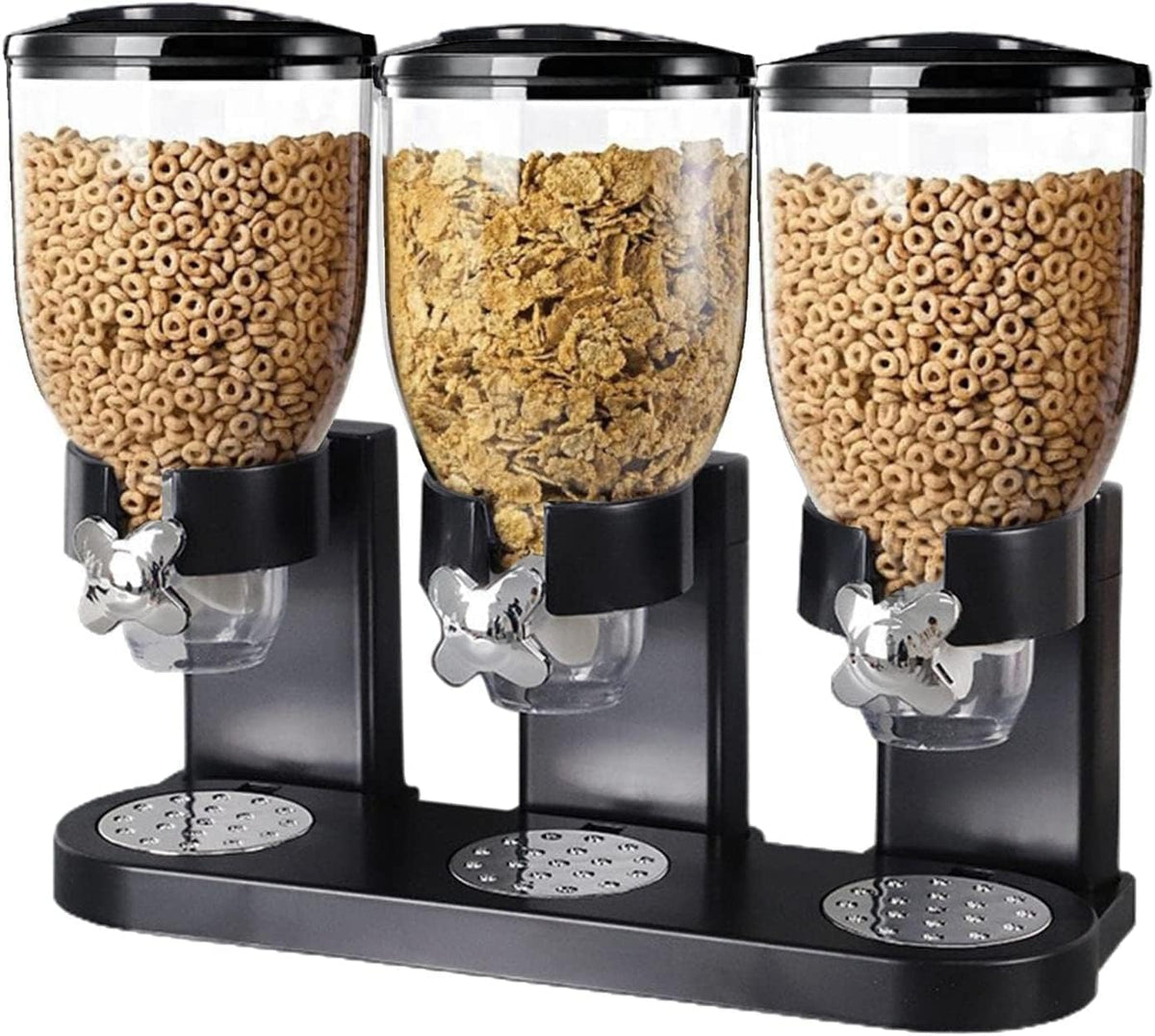 Dispensador triple de alimentos con tapa superior para verter cereales.