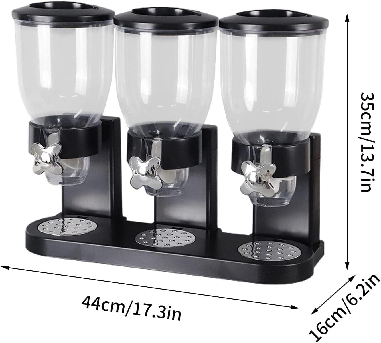 Dispensador triple de alimentos con tres compartimentos para frutos secos separados.