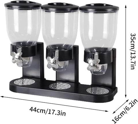 Dispensador triple de alimentos con tres compartimentos para frutos secos separados.