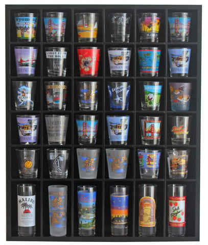 DisplayGifts vitrina negra para vasos de chupito con 36 ranuras para exhibir colecciones.