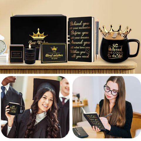 Taza Distasio de cerámica negra con corona dorada y grabado inspirador.