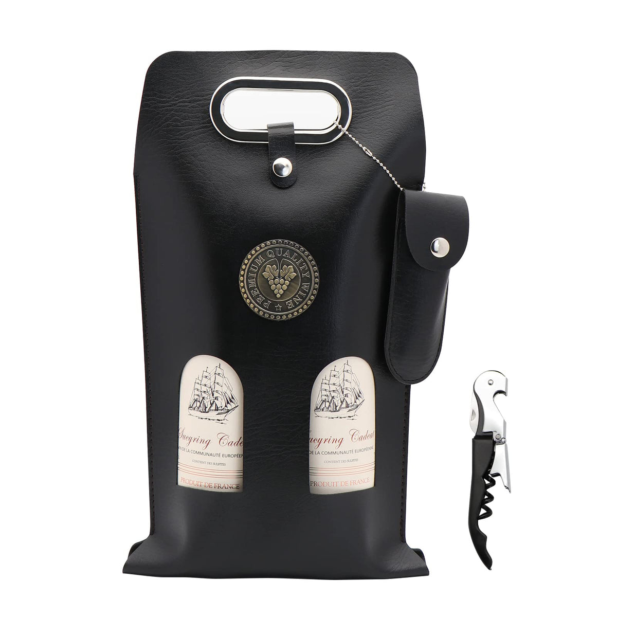 DIWNELEM bolsa de vino cuero, vista frontal, ideal para regalo con estilo
