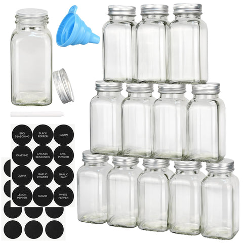 Frascos de especias DkOvn de vidrio cuadrado 4oz con tapas para organizar la cocina.