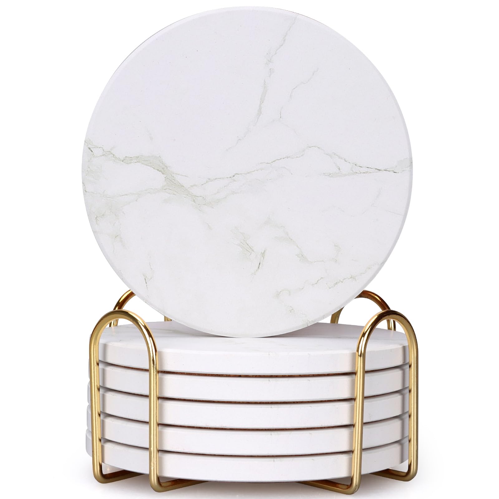 Posavasos cerámico blanco con porta posavasos dorado de Dksyee para proteger superficies.