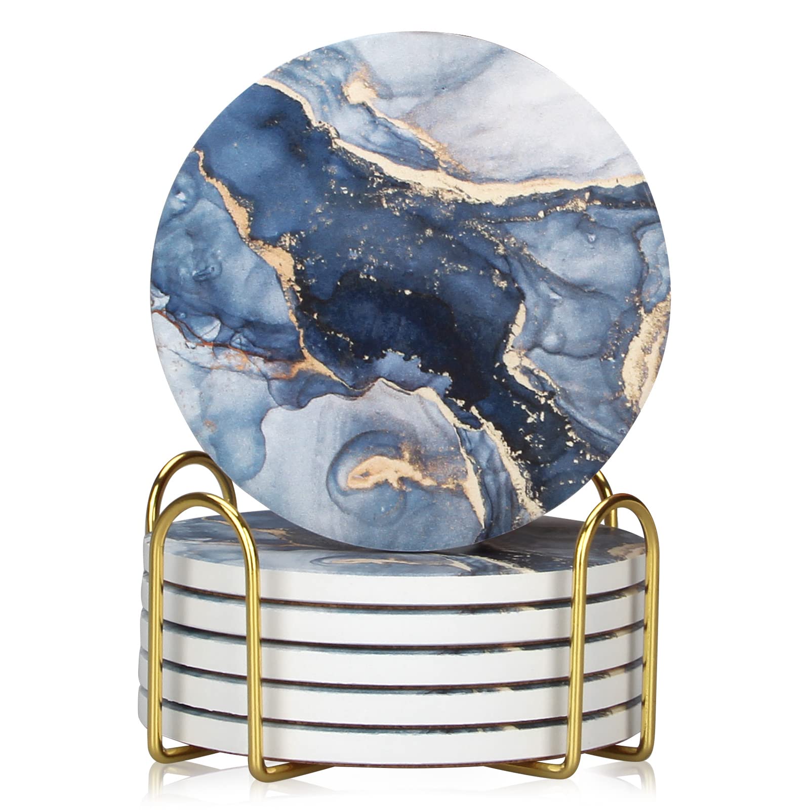Dksyee posavasos conjunto 6 azul marino marmol ceramico redondo para proteger superficies