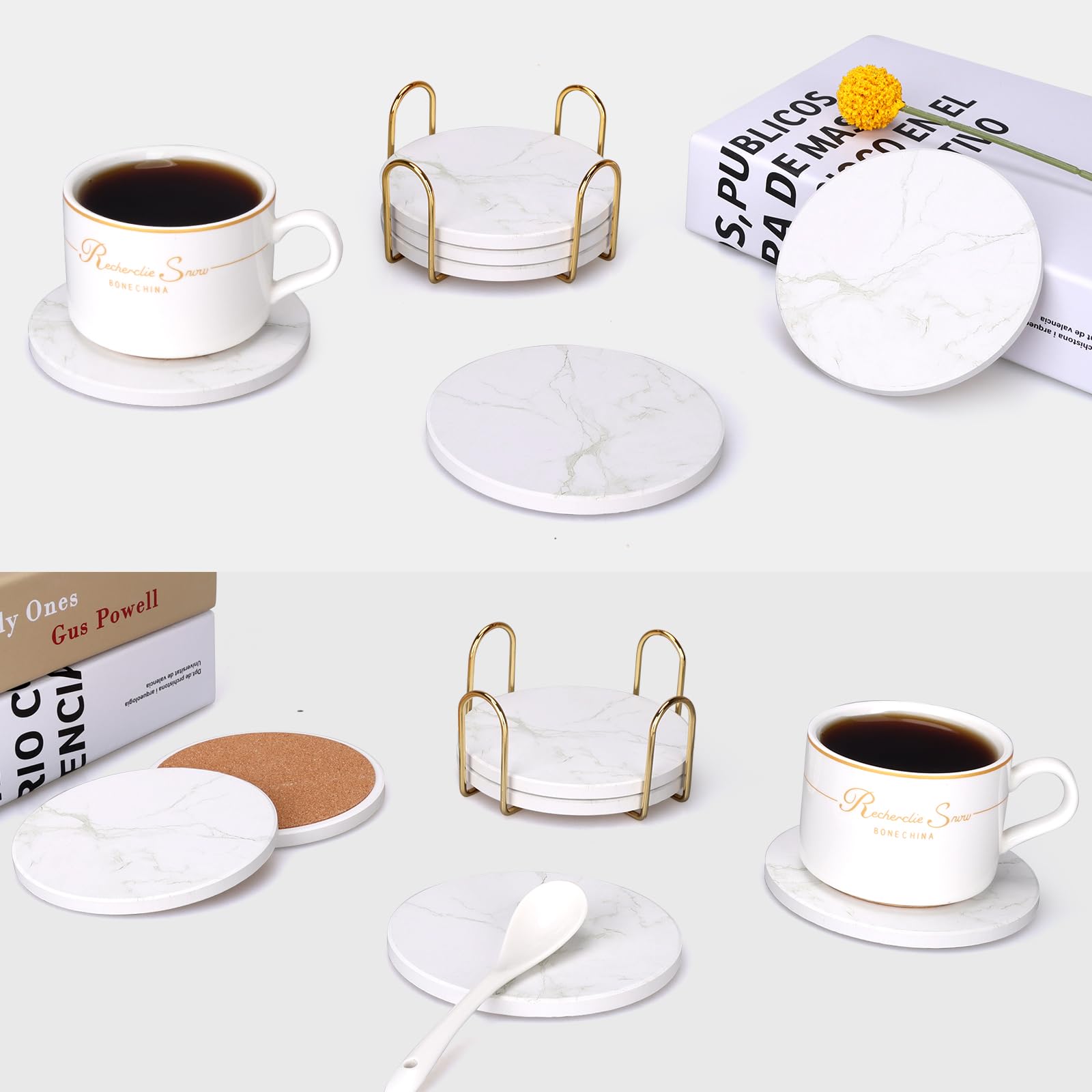 Conjunto de posavasos 6 piezas y soporte para 4 pulgadas de diámetro.
