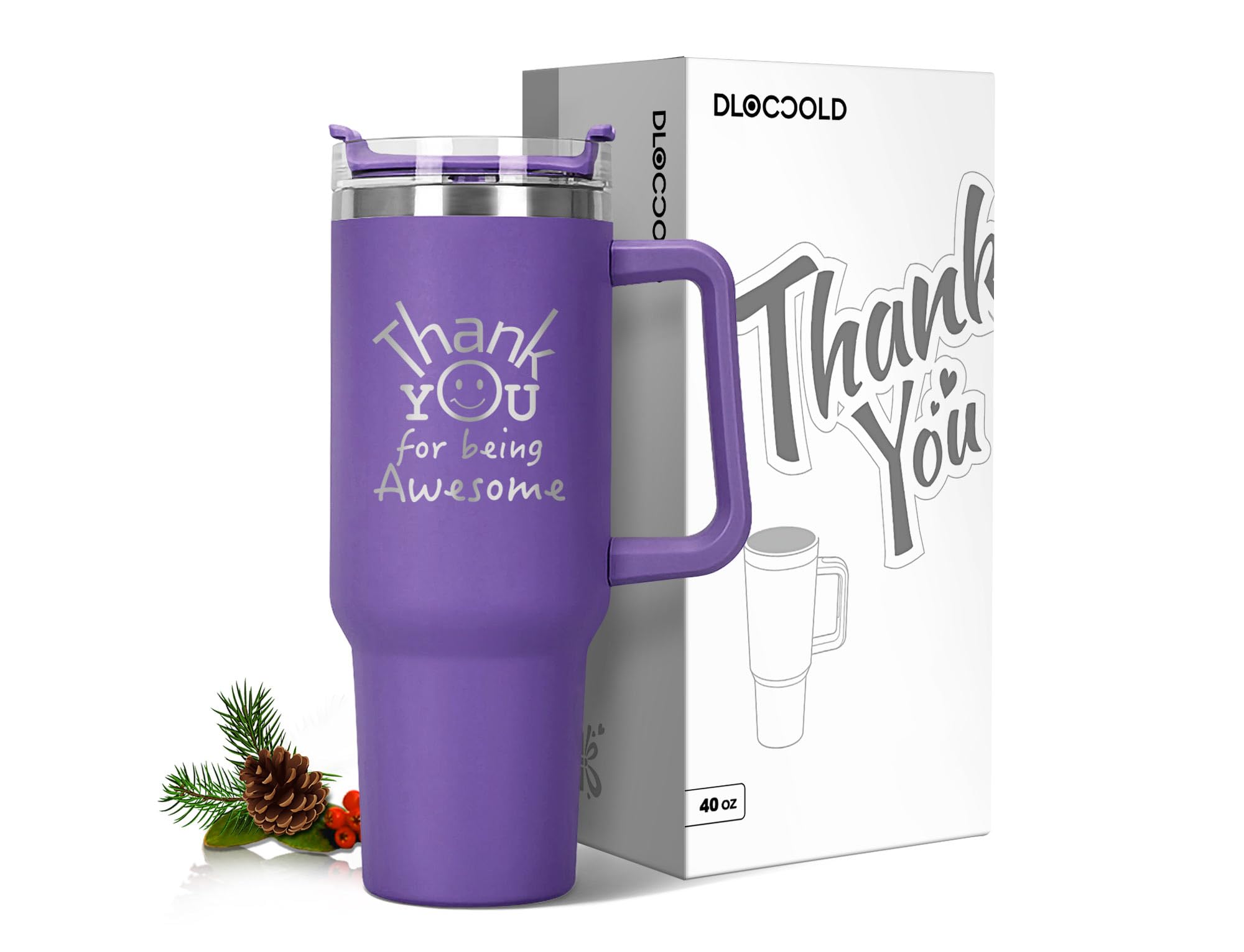 Vaso DLOCCOLD 40oz con asa morada, ideal para llevar bebidas calientes o frías