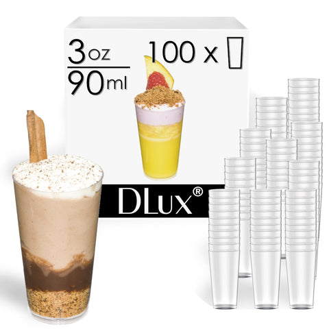 DLux vaso degustación 3oz transparente, presentación elegante para tapas dulces.