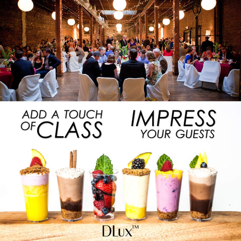 DLux vasos reutilizables 3oz claros, fáciles de lavar y apilar.