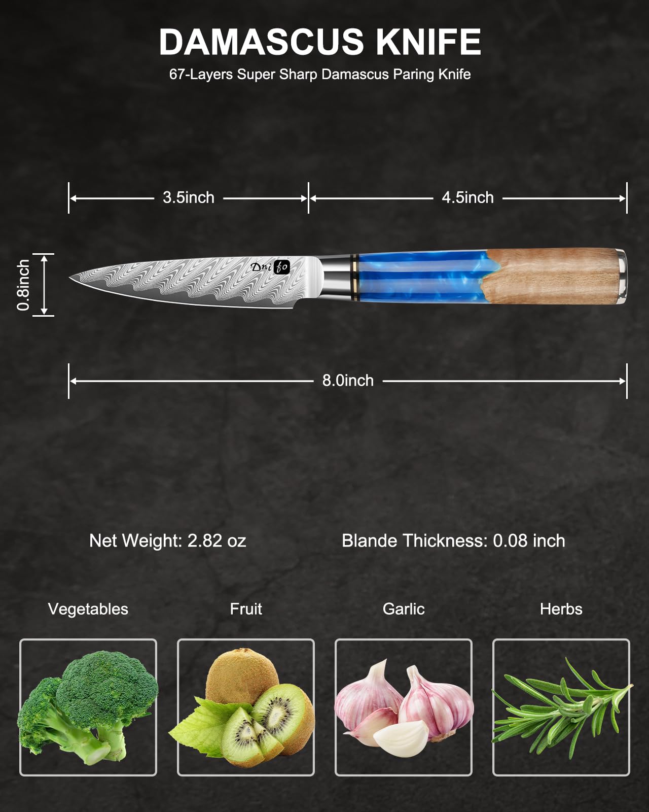 Dnifo Cuchillo Pelar VG10 Damasceno, patrón decorativo en la hoja.